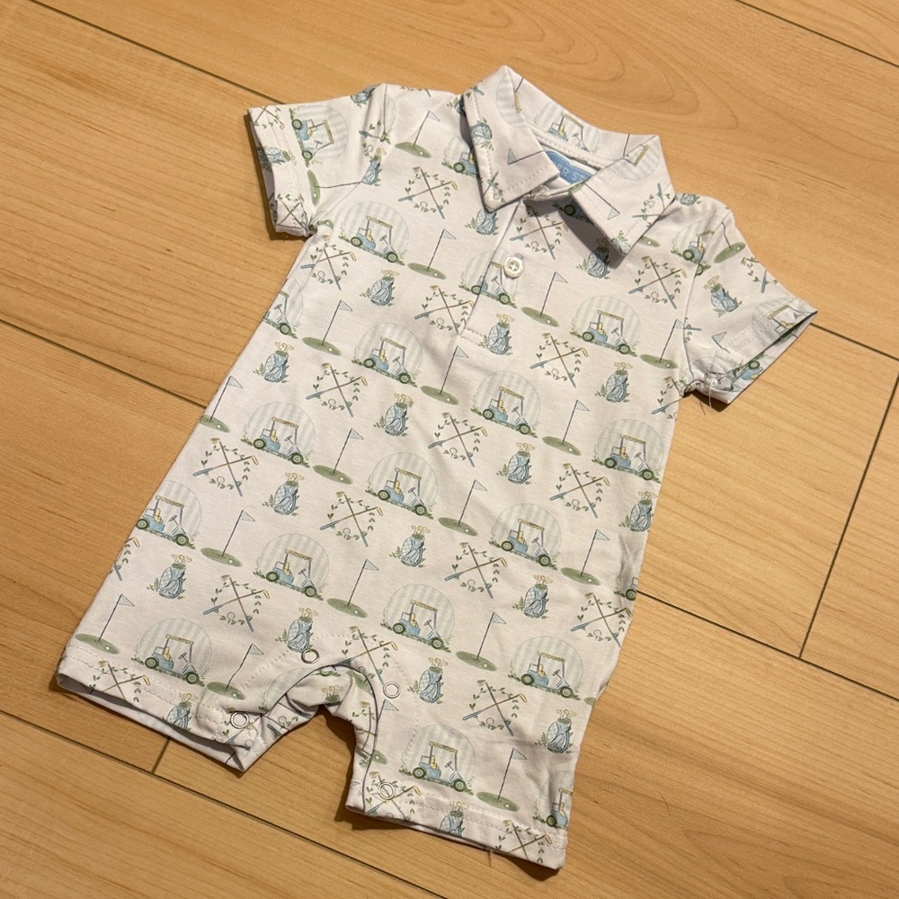 Trotter Street kids Polo One-Piece Romper in White with Blue & Green Golf Print